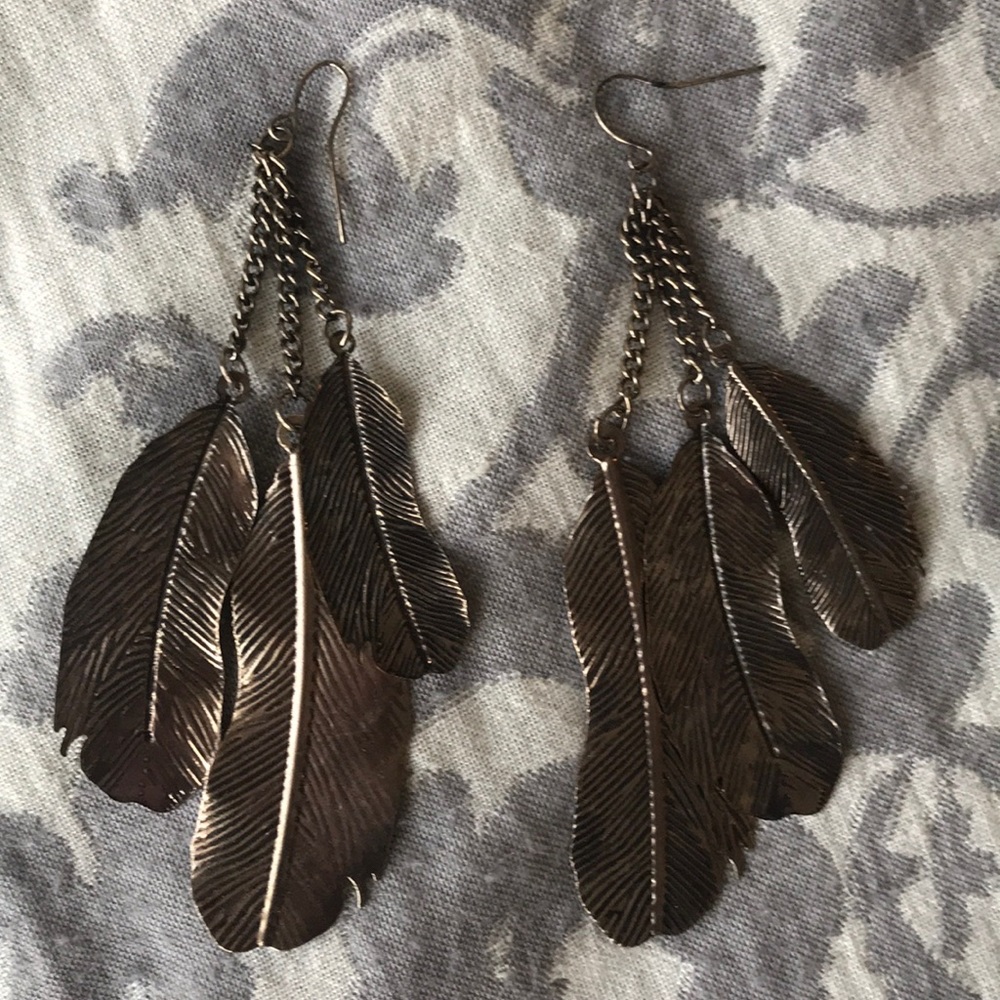 Bronze feather metal earrings